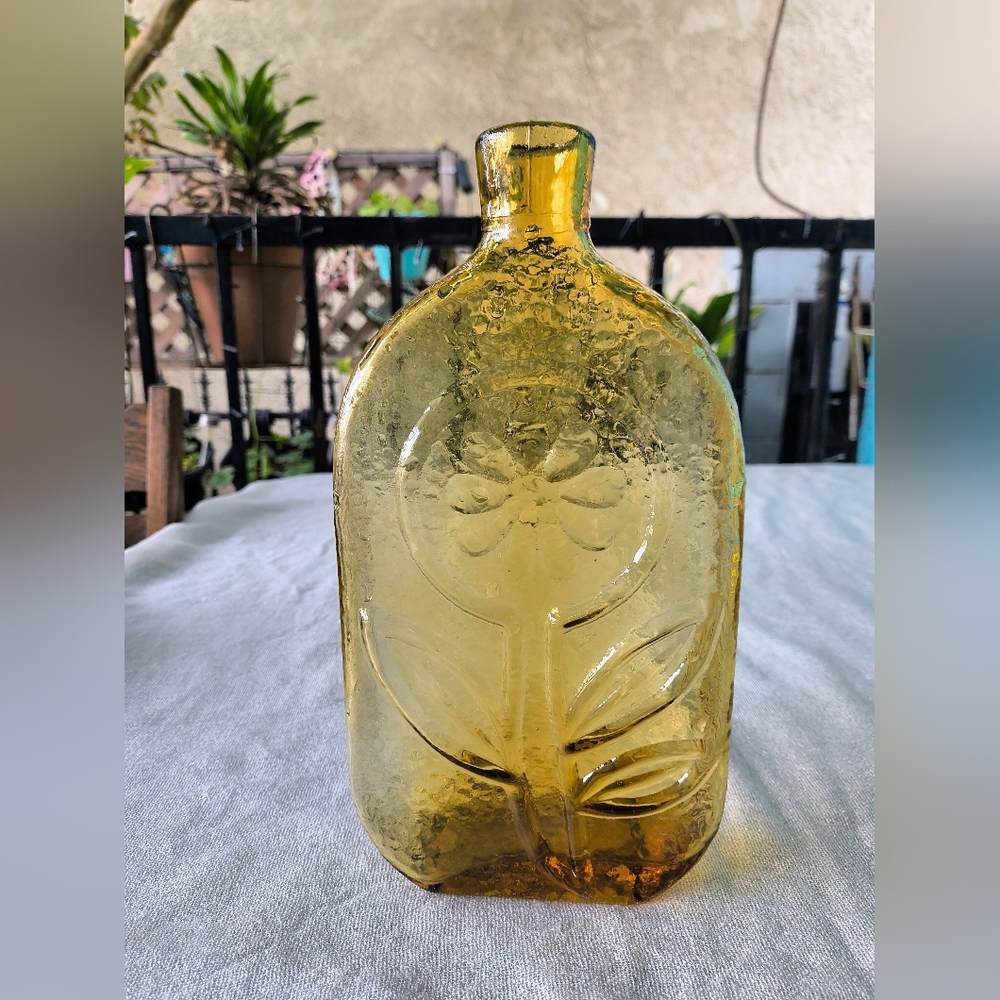 Vintage 1960's Wayne Husted Style  Flower Design Amber Glass Decanter No Stopper